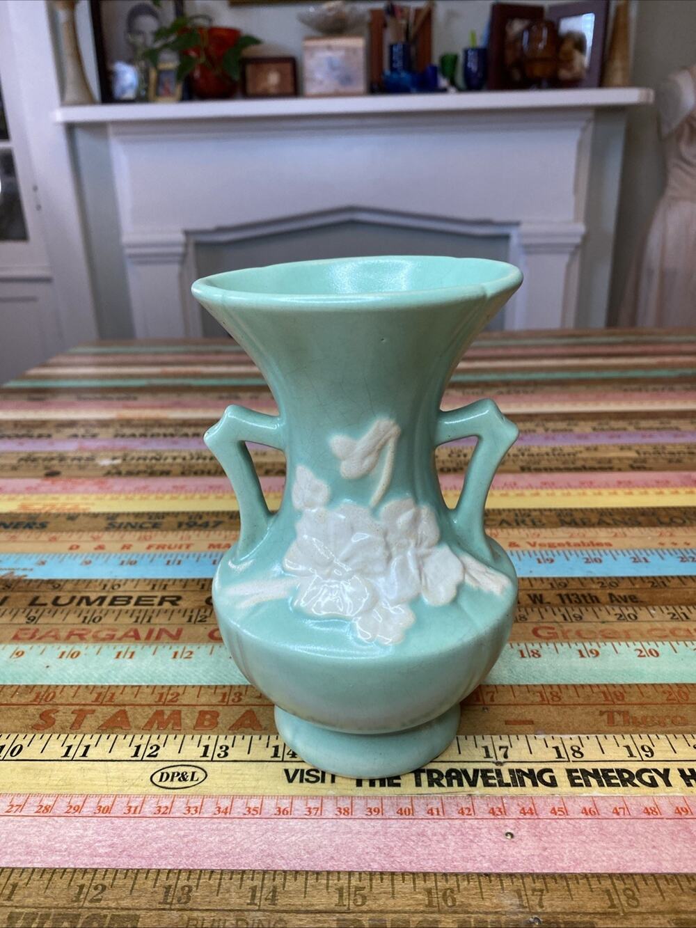 Vtg Weller Pottery Vase Double Handle Blue Floral Bouquet 30s Art‎ Deco Nouveau